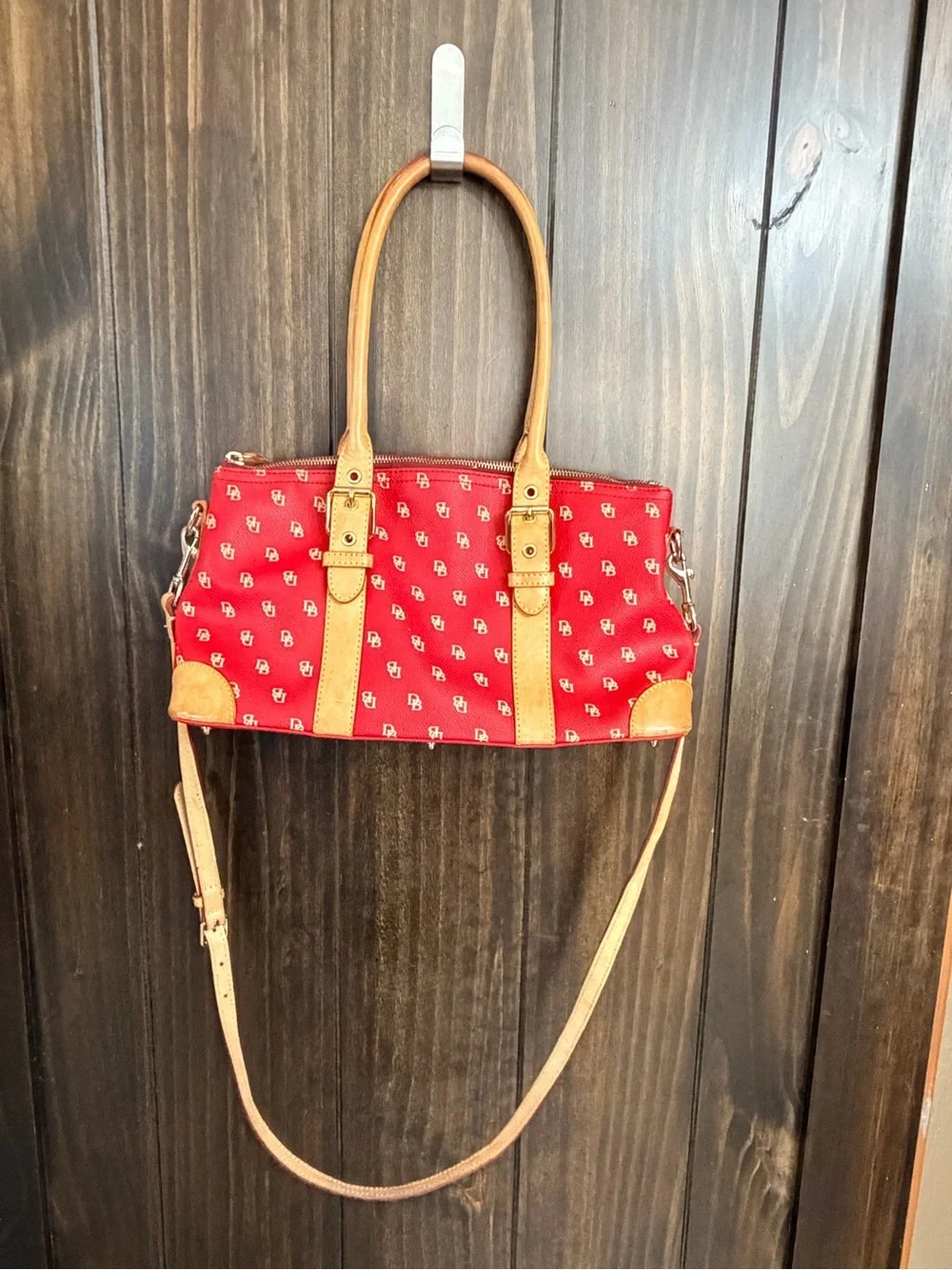 Dooney & Bourke Red Logo Canvas Shoulder Bag w/ Tan Leather Trim crossbody strap - Picture 5 of 13
